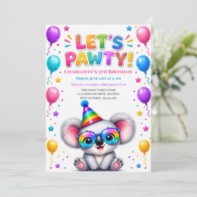 Invitación de cumpleaños de koala Let's Pawty (Anverso de pie)