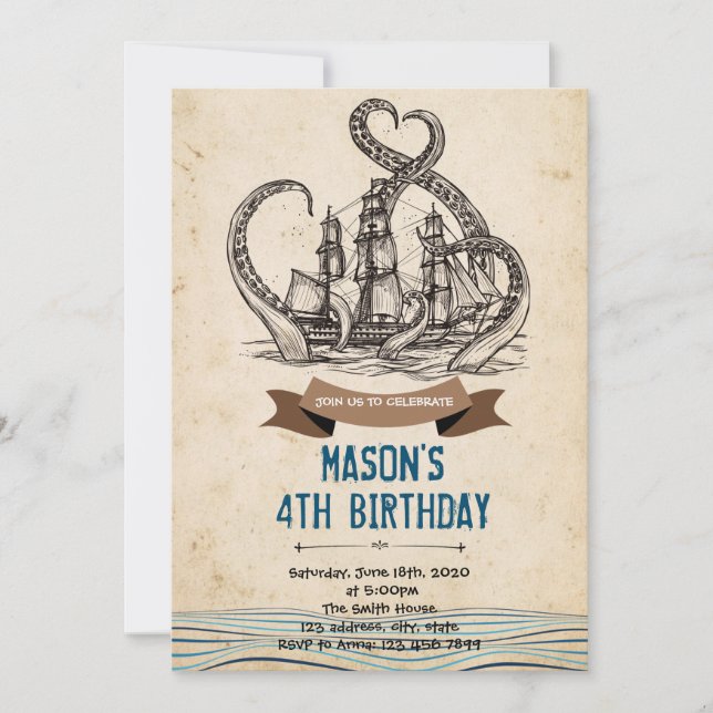 Invitación de cumpleaños de Kraken pirate octopus (Anverso)
