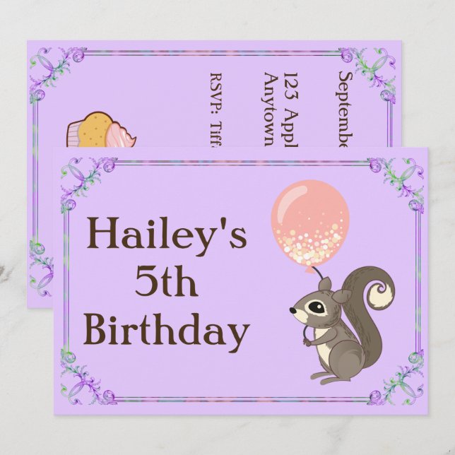 Invitación de cumpleaños de la ardilla Adorable (Anverso / Reverso)