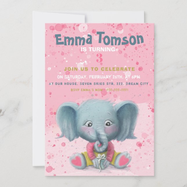 Invitación de cumpleaños de la bebé elefante (Anverso)