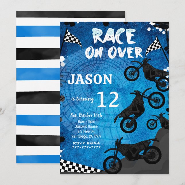Invitación de cumpleaños de la bicicleta azul (Anverso / Reverso)