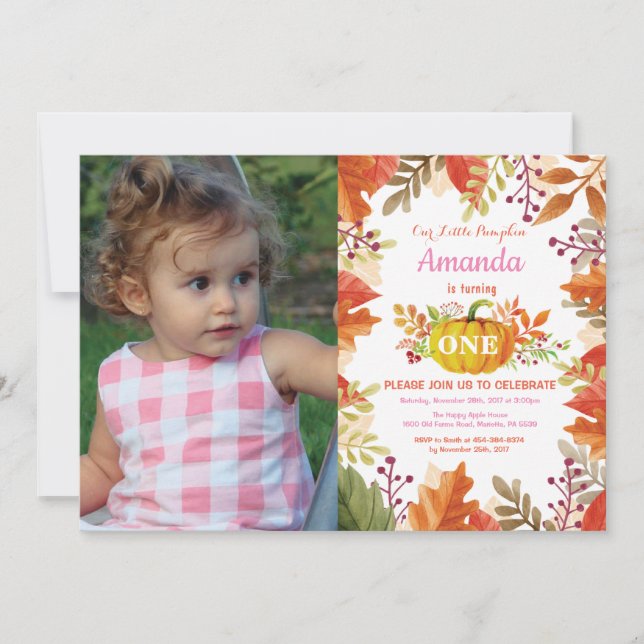 Invitación de cumpleaños de la Calabaza chica otoñ (Anverso)