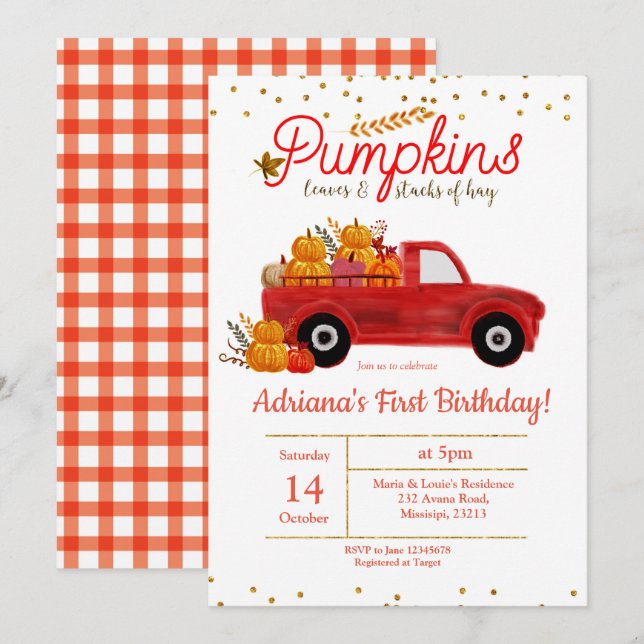 Invitación de cumpleaños de la calabaza de otoño (Anverso / Reverso)