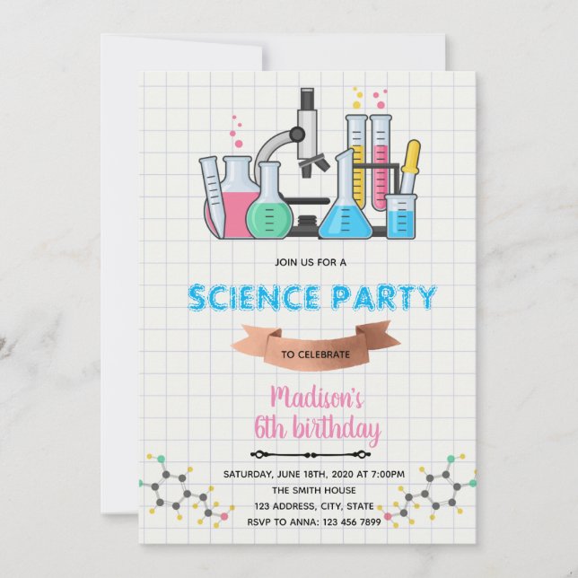 Invitación de cumpleaños de la ciencia Doodle (Anverso)