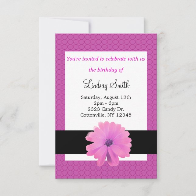 Invitación de cumpleaños de la cinta negra de flor (Anverso)