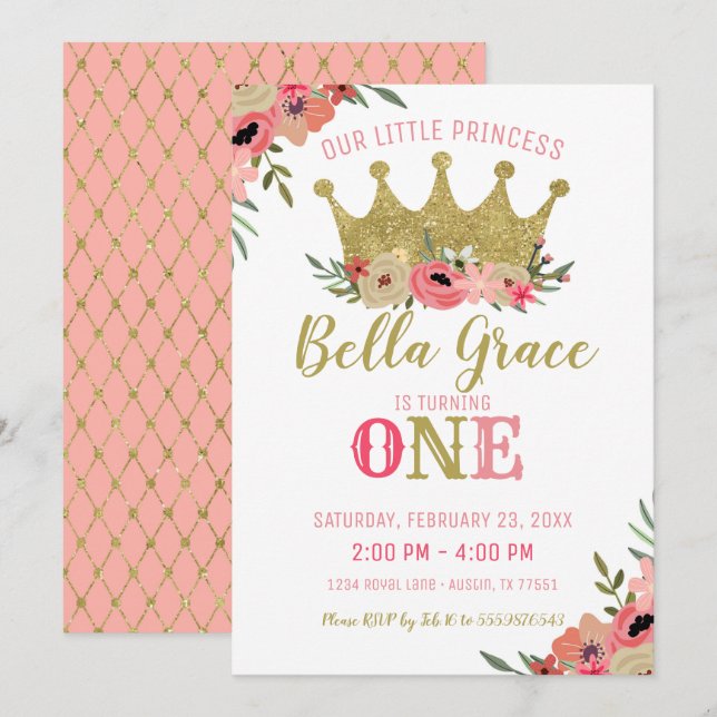 Invitación de cumpleaños de la corona de la prince (Anverso / Reverso)