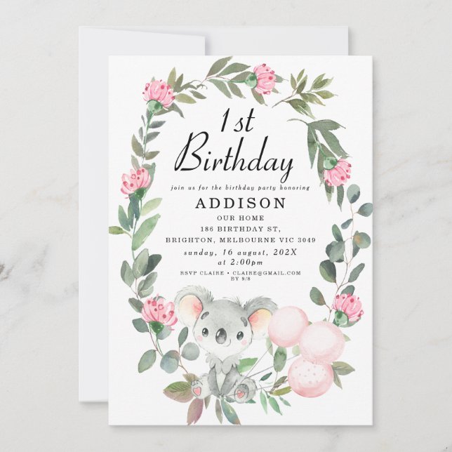 Invitación de cumpleaños de la corona floral rosa  (Anverso)