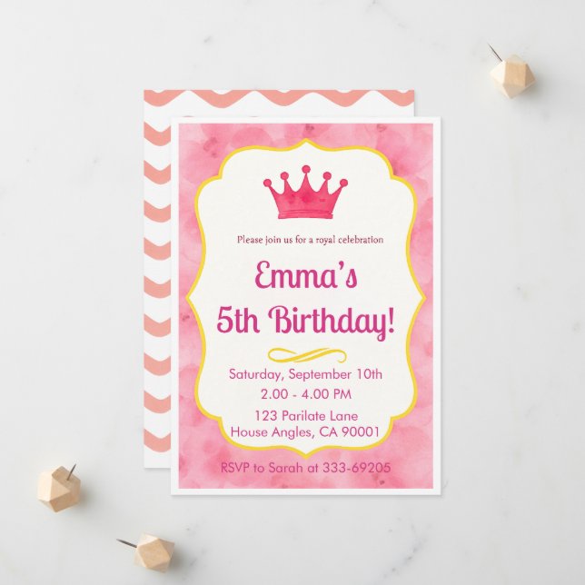 Invitación de cumpleaños de la corona rosa | zazzl (Anverso/Reverso In Situ)