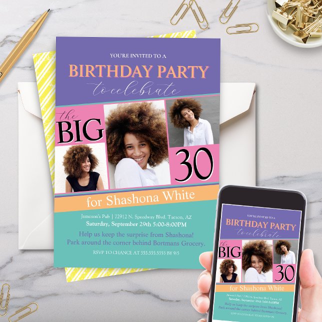 Invitación de cumpleaños de la cosecha en bloque d (colorful 80s 90s vintage throwback birthday party invitations with 3 photo collage for any age)