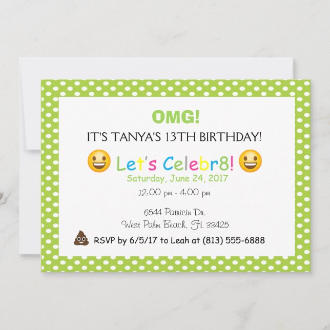 invitación de cumpleaños de la emoji verde polka d (Anverso)