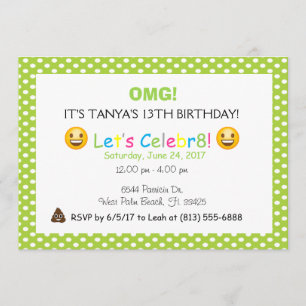 invitación de cumpleaños de la emoji verde polka d