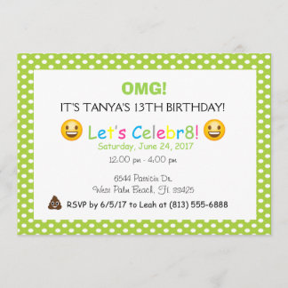 invitación de cumpleaños de la emoji verde polka d