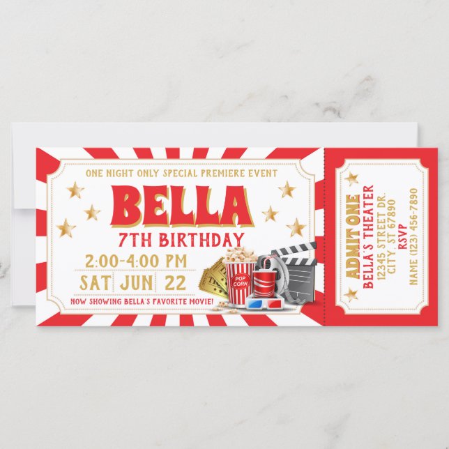 Invitación de cumpleaños de la entrada de película (Anverso)