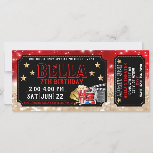 Invitación de cumpleaños de la entrada de película (Anverso)