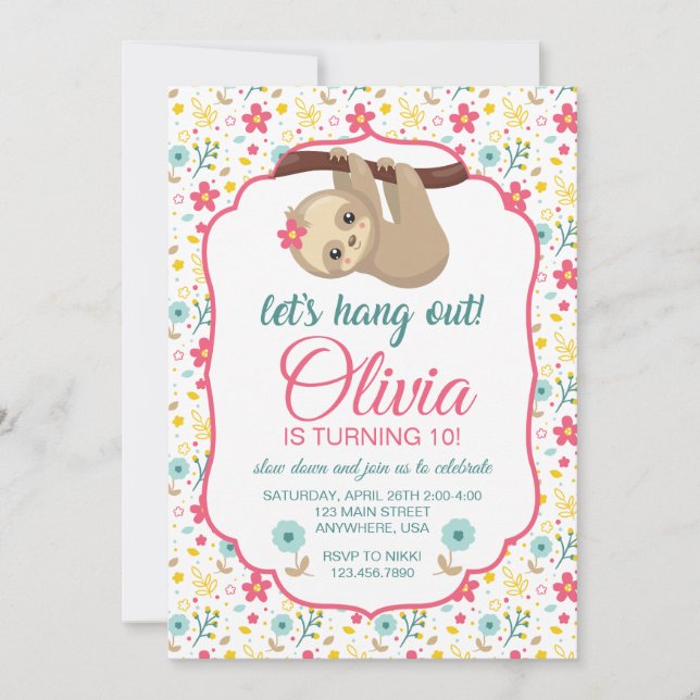 Invitación de cumpleaños de la flor de perezoso ¡V (Anverso)