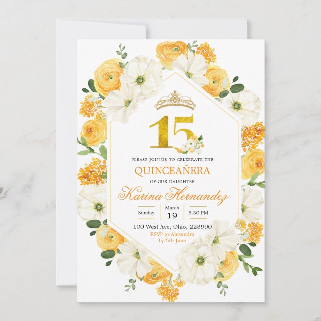 Invitación de cumpleaños de la floral amarilla Mis (Anverso)