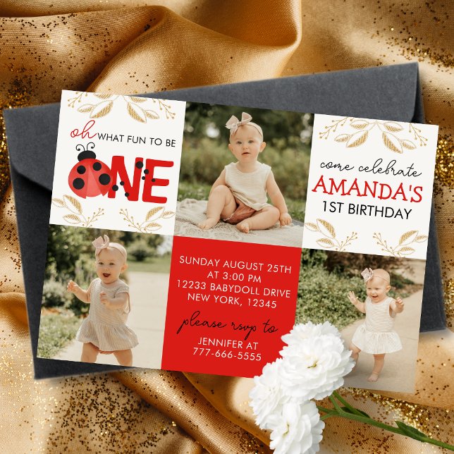 Invitación de cumpleaños de la foto de Gold Ladybu (Gold Glitter Oh What Fun to Be One Watercolor Ladybug 3 Photo Birthday Invitations)