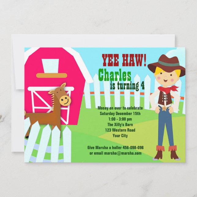Invitación de cumpleaños de la granja de Cowboy (Anverso)