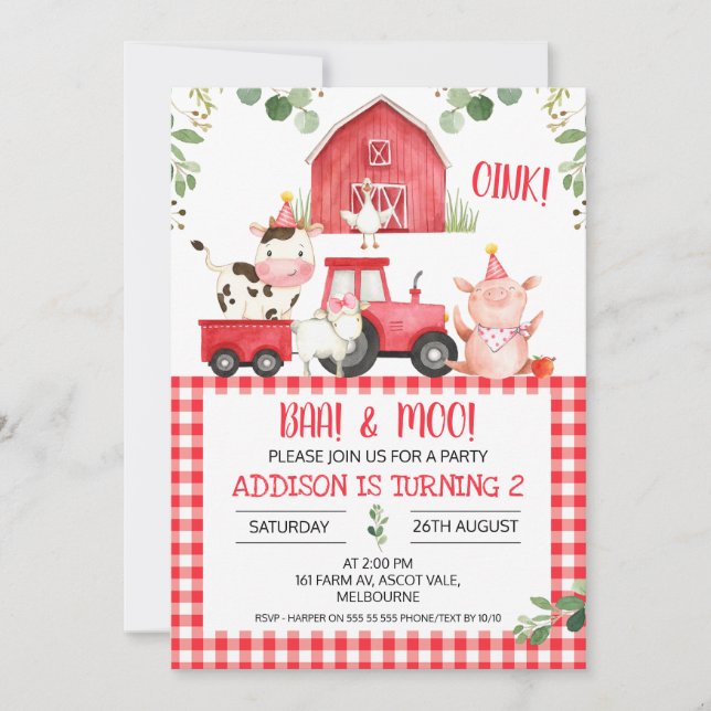 Invitación de cumpleaños de la granja de tractores (Anverso)
