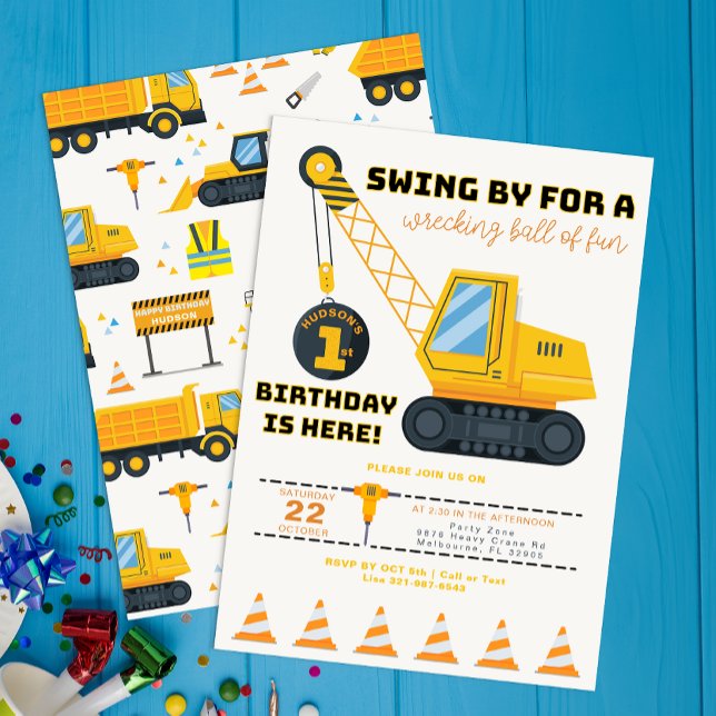 Invitación de cumpleaños de la grúa de construcció (Construction Vehicle Birthday Invite)