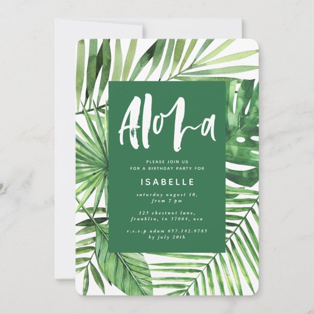 Invitación de cumpleaños de la hoja de palma tropi (Anverso)