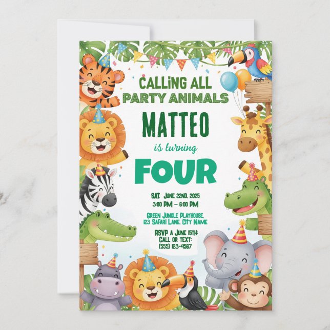 Invitación de cumpleaños de la jungla (Anverso)