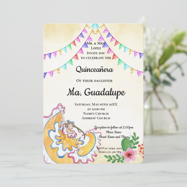 Invitación de cumpleaños de la mexicana Quinceañer (Anverso de pie)