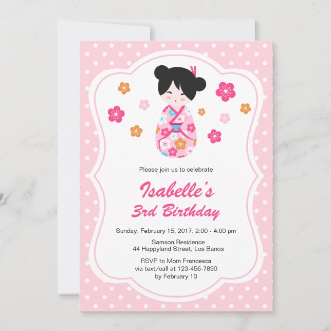 Invitación de cumpleaños de la muñeca Kokeshi japo (Anverso)