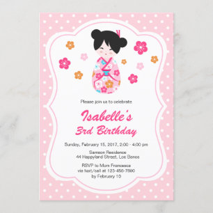Invitación de cumpleaños de la muñeca Kokeshi japo