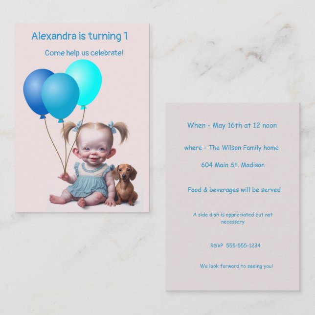 Invitación de cumpleaños de la niña bebé (Anverso / Reverso)