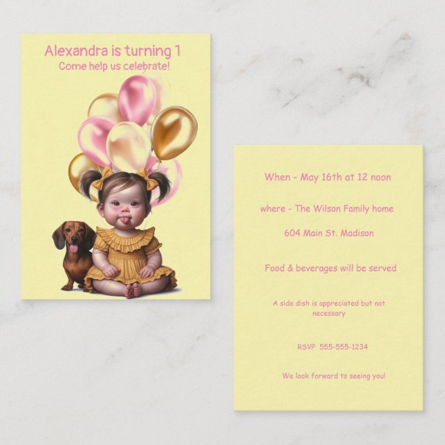 Invitación de cumpleaños de la niña bebé (Anverso / Reverso)