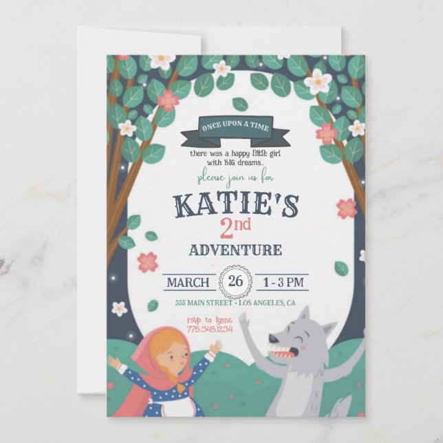 Invitación de cumpleaños de la niña con el lobo (Anverso)