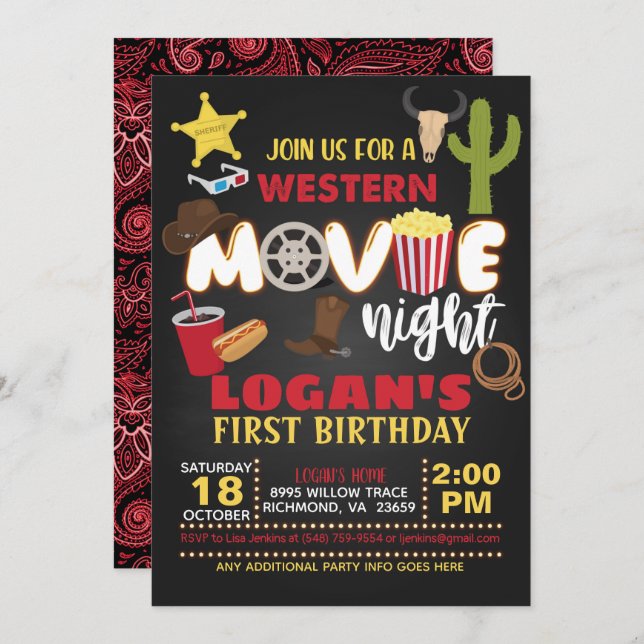 Invitación de cumpleaños de la noche de películas  (Anverso / Reverso)