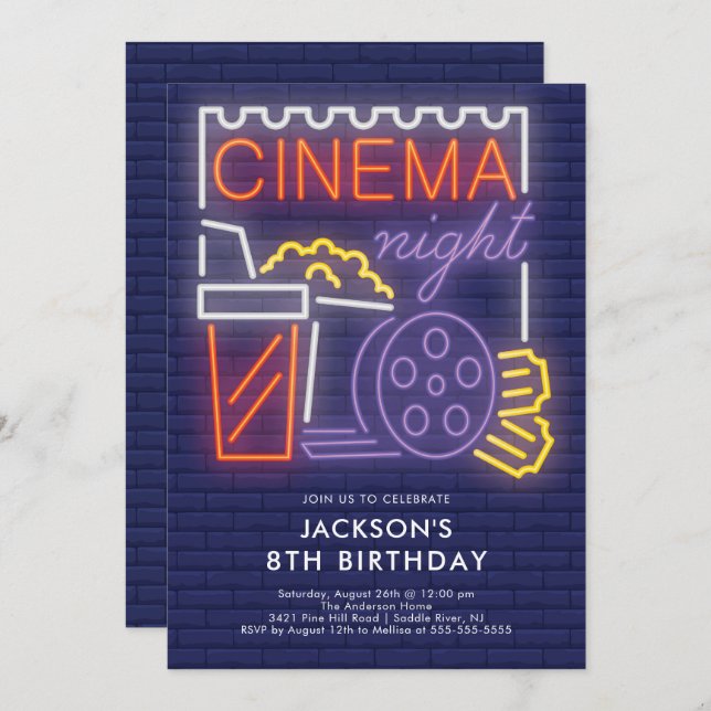 Invitación de cumpleaños de la noche del cine neón (Anverso / Reverso)