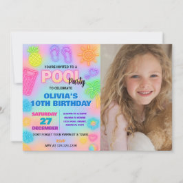 Invitación de cumpleaños de la piscina neón con fo