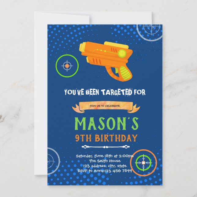 Invitación de cumpleaños de la pistola láser (Anverso)