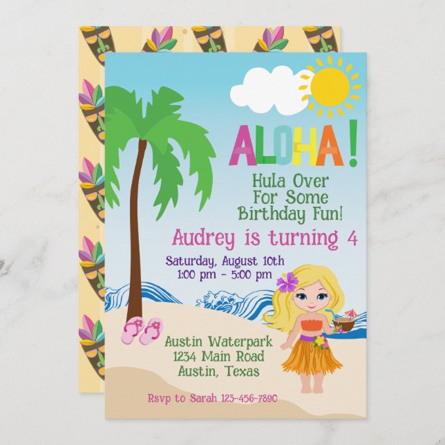Invitación de cumpleaños de la playa tropical Aloh (Anverso / Reverso)