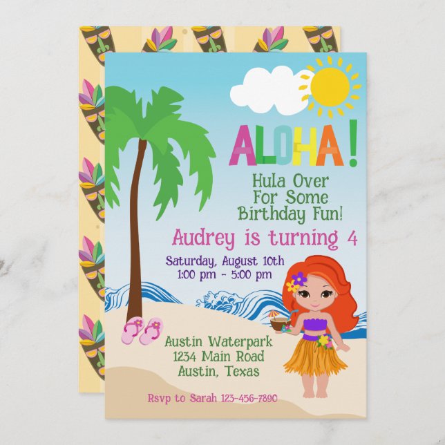 Invitación de cumpleaños de la playa tropical Aloh (Anverso / Reverso)