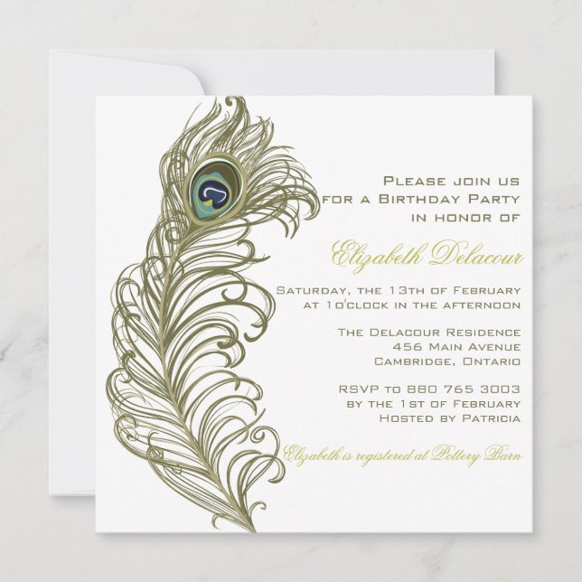 Invitación de cumpleaños de la pluma de pavo real (Anverso)