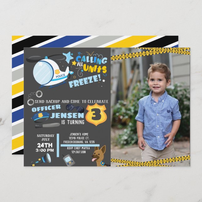 invitación de cumpleaños de la policía con foto (Anverso / Reverso)