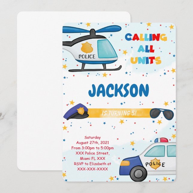 Invitación de cumpleaños de la policía editable (Anverso / Reverso)