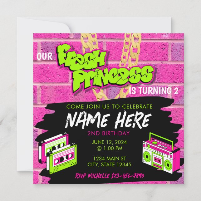 Invitación de cumpleaños de la princesa del hip ho (Anverso)