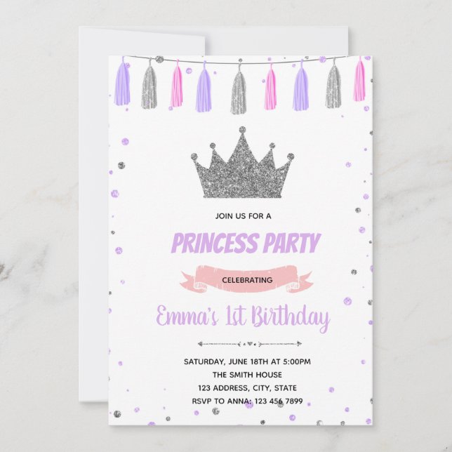 Invitación de cumpleaños de la princesa morada de  (Anverso)