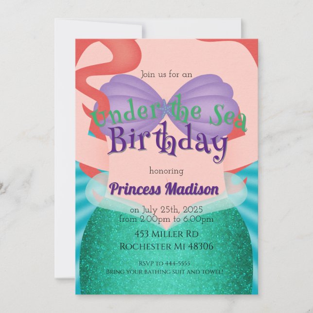 Invitación de Cumpleaños de la Princesa Sirena Baj (Anverso)