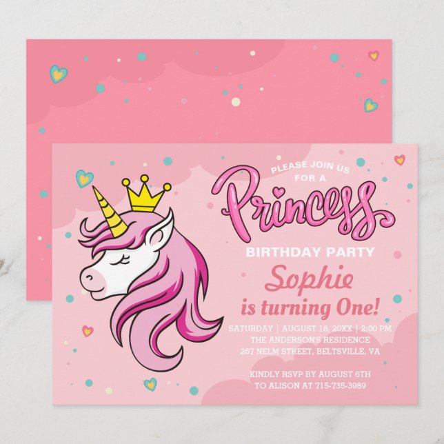 Invitación de cumpleaños de la princesa unicornio (Anverso / Reverso)