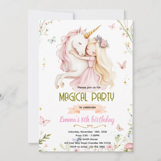 Invitación de cumpleaños de la princesa unicornio (Anverso)