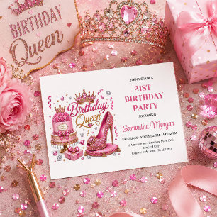 Invitación de cumpleaños de la reina con brillo ro