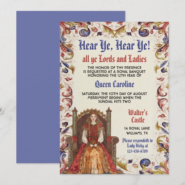 Invitación de cumpleaños de la reina del Renacimie (Anverso / Reverso)