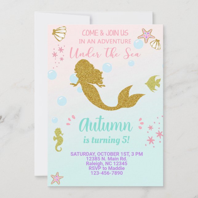 Invitación de cumpleaños de la sirena chica, oro. (Anverso)