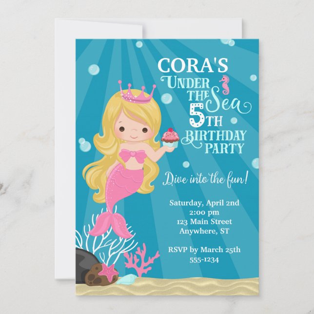 Invitación de cumpleaños de la sirena rubia (Anverso)